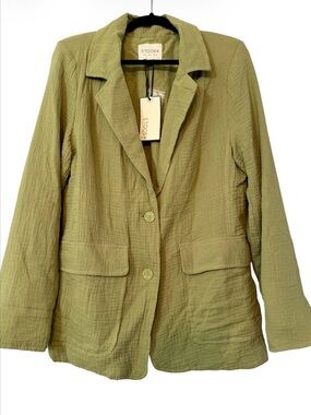 Stoosh Sage Green Cotton Gauze 2 Button Flap Pocket Blazer Size Large NWT